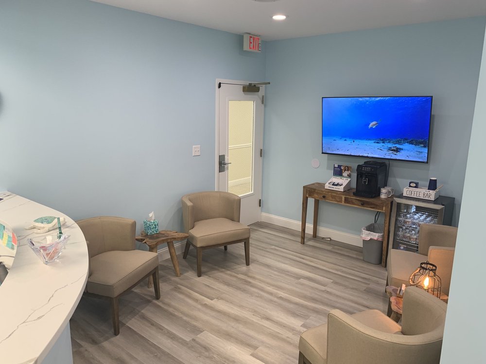 Coastal blue waiting room at Endless Summer Dental Care